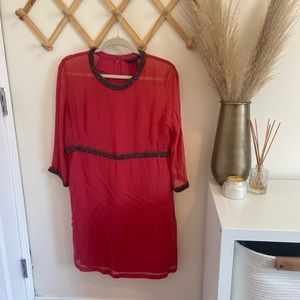 Coral French Connection cocktail dress with jeweled collar, size 12.